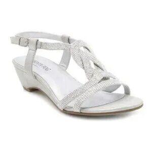 London Fog MACEY 1.5" Demi-Wedge Silver Fabric, Rhinestone Dress Sandals NWT 9.5